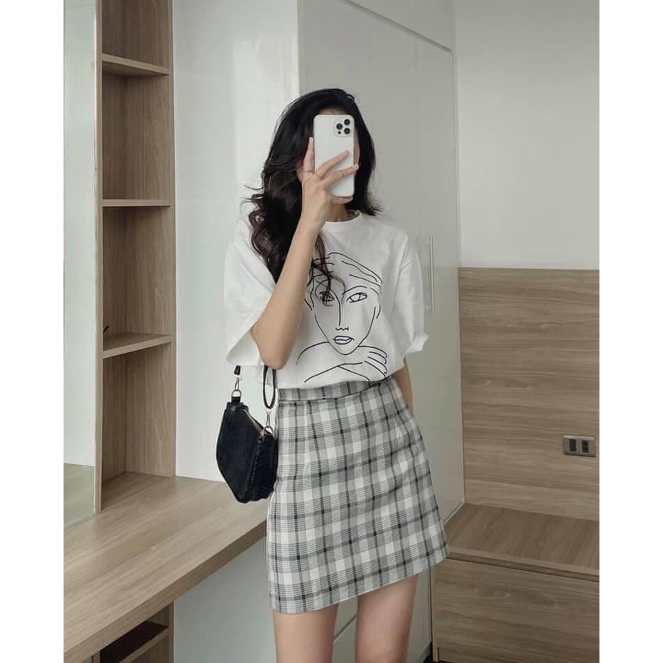 Set áo thun trắng in hình cô gái phối chân váy kẻ caro ngắn dễ thương (kèm video/ảnh thật) Xưởng Sỉ Nguyễn Hoa