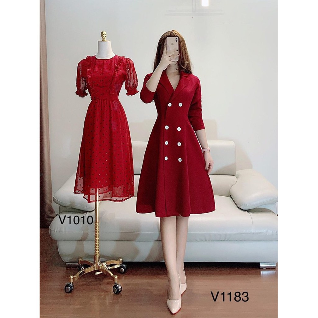 [ xả kho ] MiD Đầm xòe tay dài phối nút V1183 Mie Design kèm hình thật