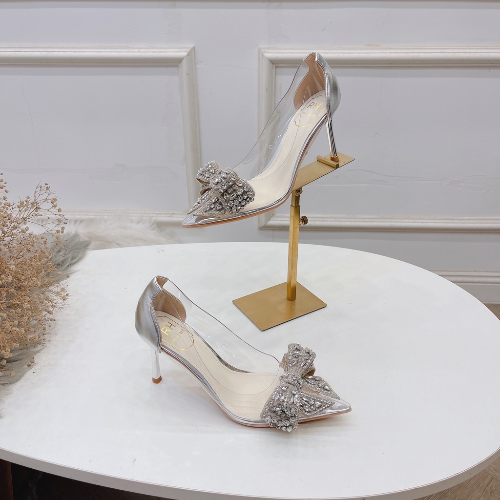 Giày mica nơ đá công chúa gót bạc cao 8cm hàng cao cấp đá sắc nét mẫu mới