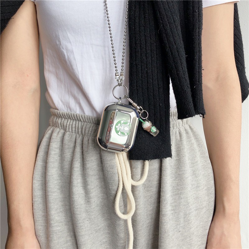 Vỏ bảo vệ hộp sạc tai nghe bằng TPU mạ điện mềm họa tiết Starbucks kèm mặt dây cho AirPods Pro AirPods 1 AirPods 2