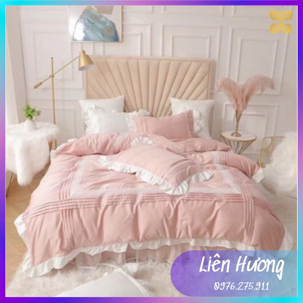Bộ chăn ga gối cotton lụa bèo nhúm siêu xinh- Chăn ga gối bèo nơ chùm giường cao cấp hàng nhập khẩu