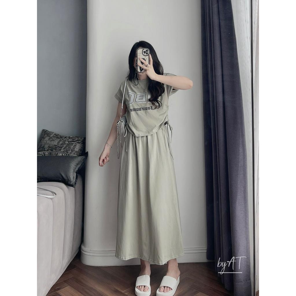 Set Đồ Nữ, Bộ Đồ Nữ Cao Cấp Chất Cotton Với Áo Thun Rút Gấu Mix Chân Váy Midi Cạp Chun 2 Túi - HP07