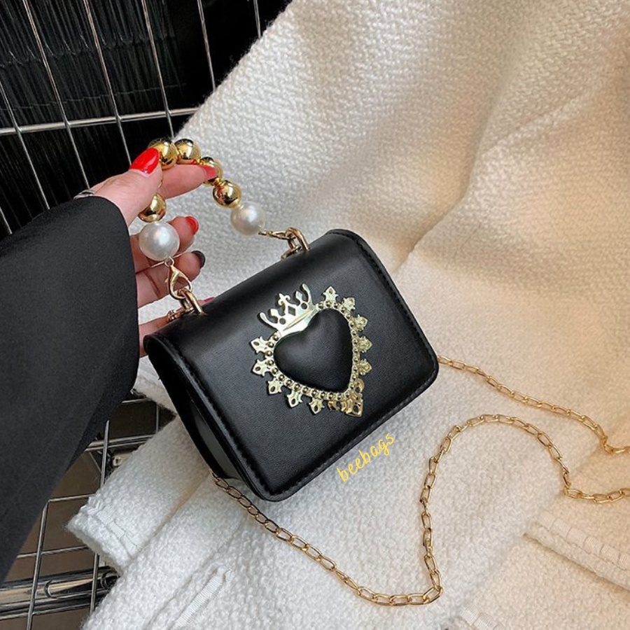 Túi Mini Dây Ngọc Cầm Tay Họa Tiết Trái Tim Vương Miện Sang Chảnh | TX42 | Túi Cầm Tay Kèm Dây Xích Màu Be, Trắng, Đen