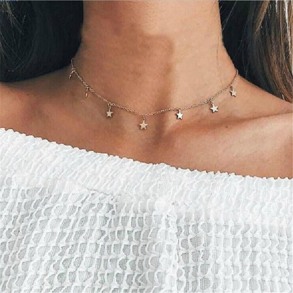 Vòng cổ Choker Nhiều Lớp Mặt Hình Ngôi Sao / Mặt Trăng Màu Vàng / Bạc Phong Cách Hàn Quốc Thanh Lịch