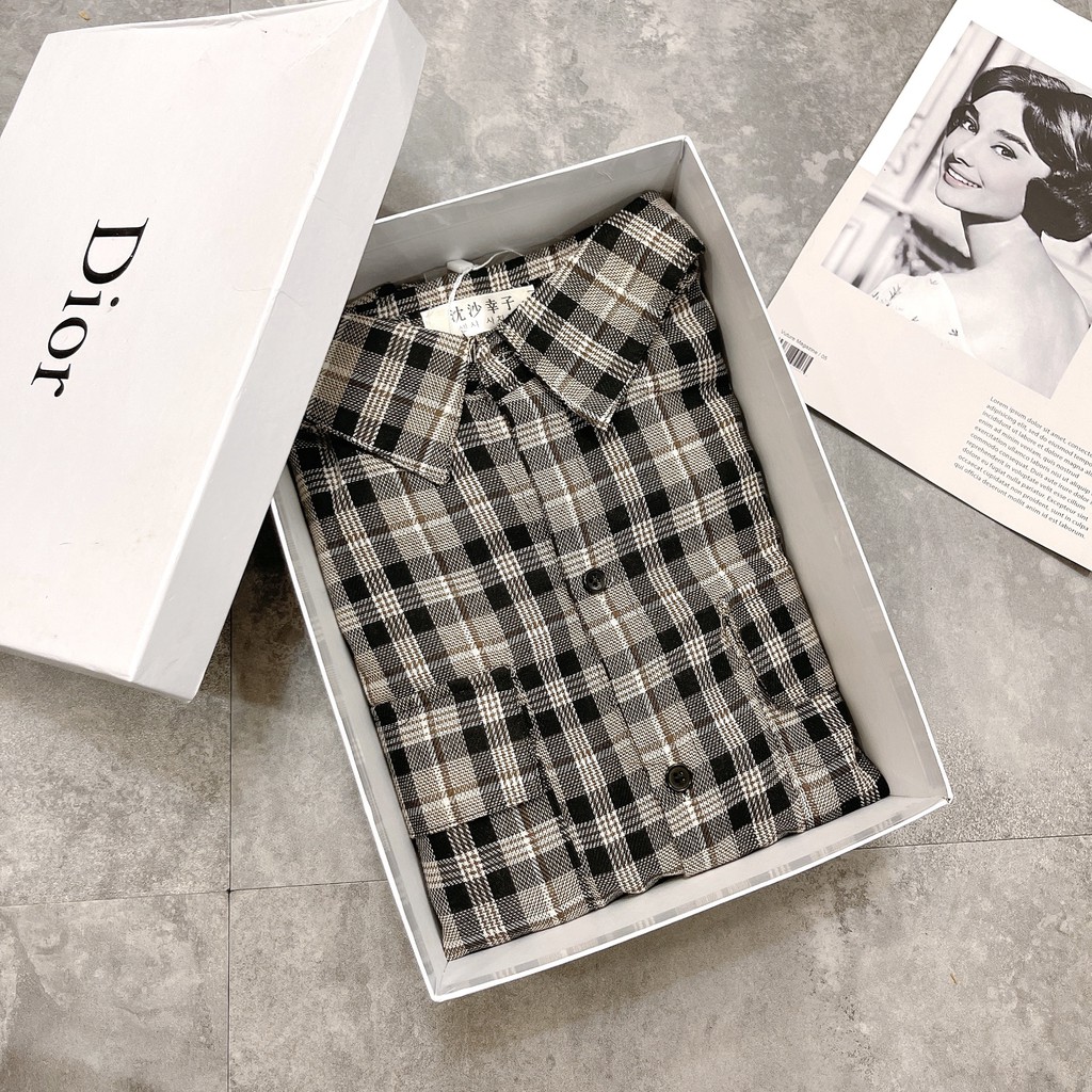 ÁO SƠ MI KẺ ĐEN TÚI NGỰC TQXK CHO NỮ