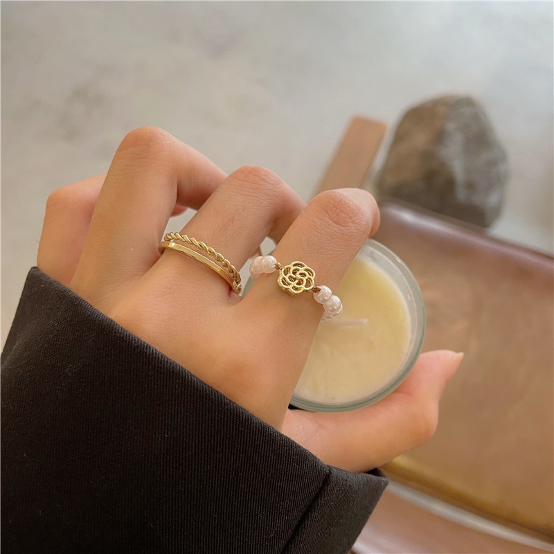 Set 3 nhẫn mạ vàng đính ngọc trai nhân tạo thời trang cho nữ