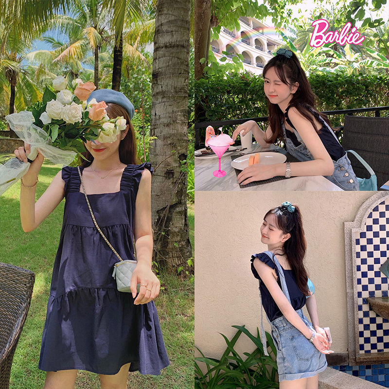 Đầm hai dây màu sắc trơn phong cách Hàn Quốc