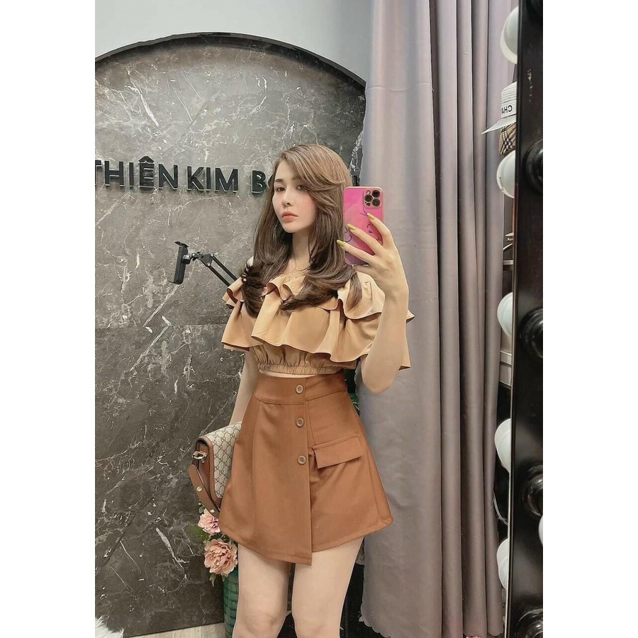 Set Chân Váy Chữ A + Áo Trễ Vai 2 Tầng Bèo - Chân Váy Vạt Chéo Đính Nút Mix Áo Bẹt Vai Trắng Be Nâu Cam