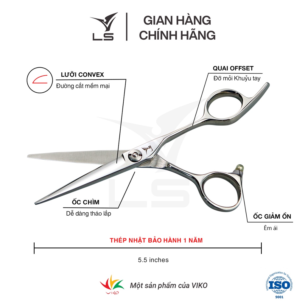 Kéo cắt tóc VLS lưỡi thẳng quai offset vênh đỡ ngón cố định JP553