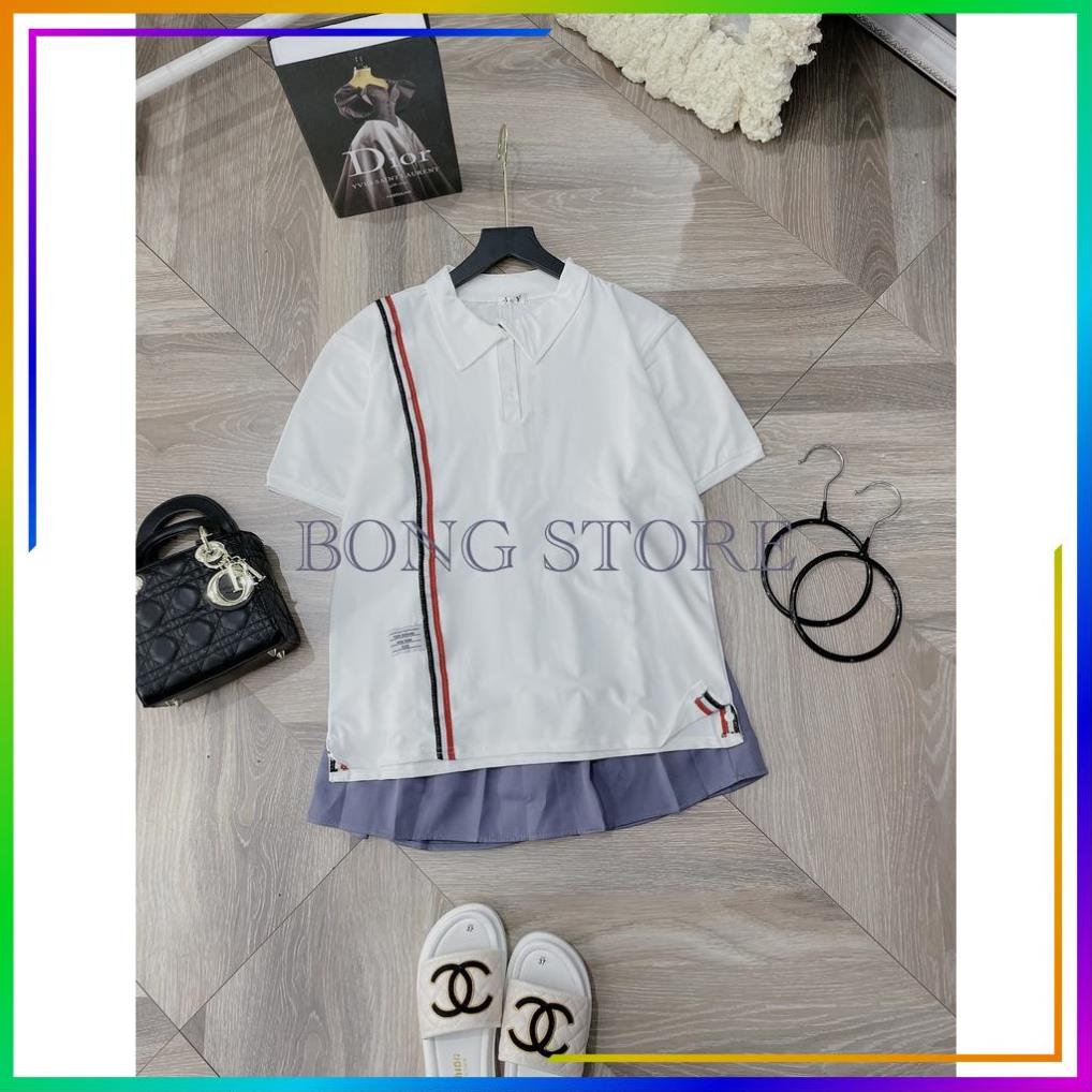 Set đồ nữ, Set chân váy kèm áo polo thom kẻ sọc hàng cao cấp siêu xinh.