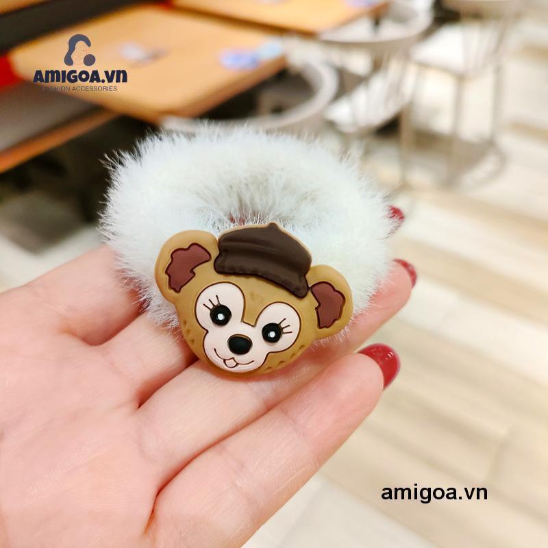 Dây Cột Tóc Cao Su Phối Lông Nhung Họa Tiết Hoạt Hình Đáng Yêu Cho Bé