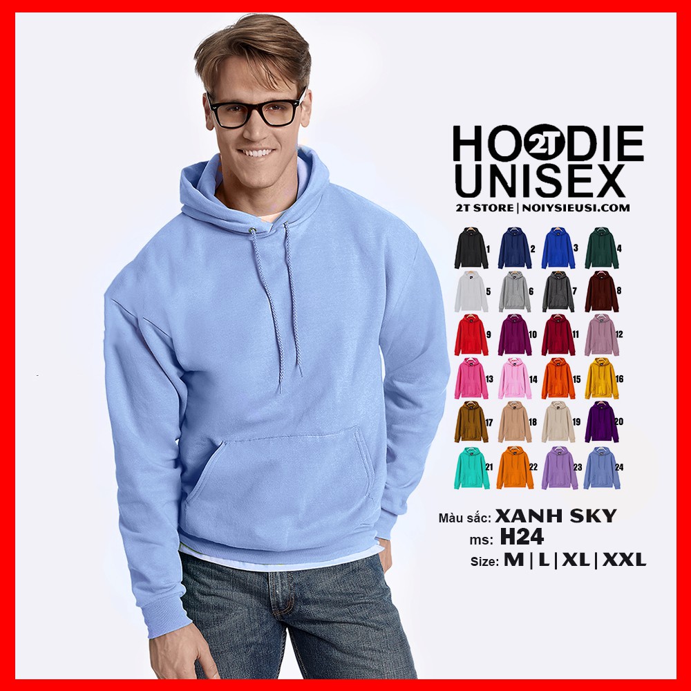 Áo hoodie unisex 2T Store H24 màu xanh da trời Sky - Áo khoác nỉ chui đầu nón 2 lớp dày dặn đẹp chất lượng