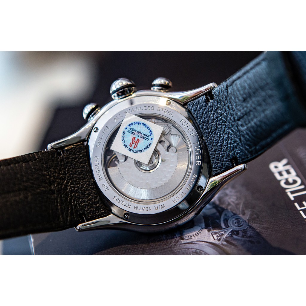 Đồng Hồ Cơ Reef Tiger RGA703 Aurora Air Bubble dây da nam