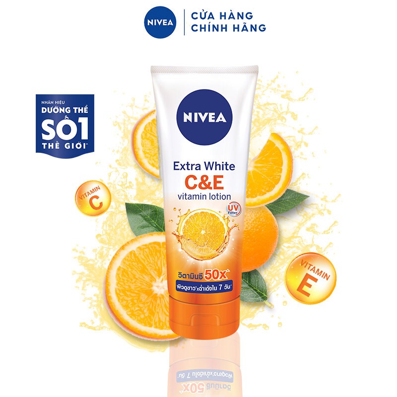 [TẶNG TÚI WASHBAG] Bộ sữa dưỡng thể dưỡng trắng Nivea Extra White C&amp;E Vitamin Lotion 180ml TẶNG TÚI TRANG ĐIỂM