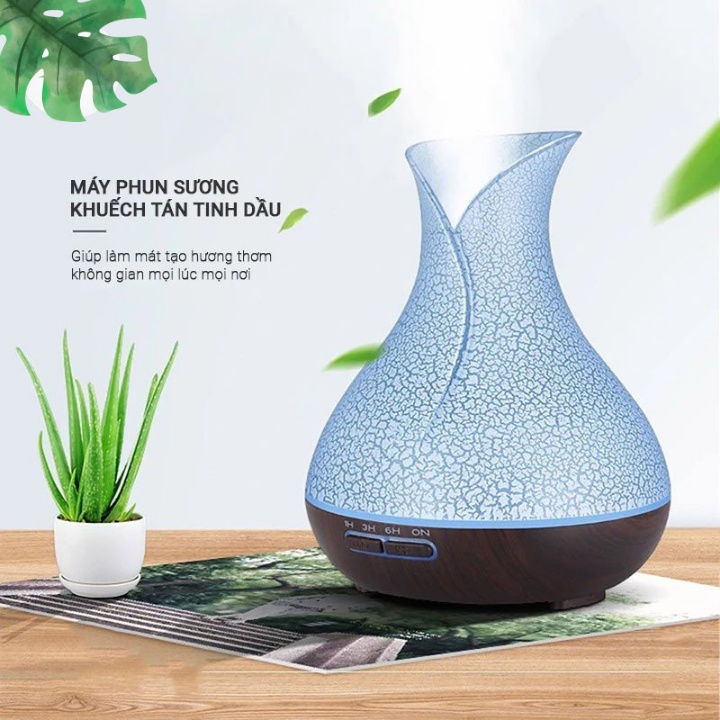 Máy xông tinh dầu hoa Tulip, Máy phun sương khuyếch tán tinh dầu cao cấp AROMA dung tích lớn 550ml kèm remote điều khiển