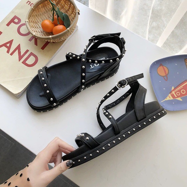 (Order) Sandals quai chéo phối viền đinh đế bánh mì cao 3cm