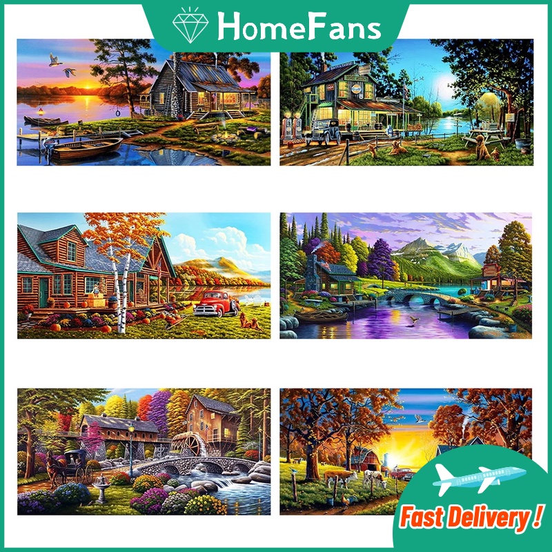 Bộ Tranh Đính Đá 5D Họa Tiết Phong Cảnh Hoàng Hôn/ Làng Biển Độc Đáo Kích Thước 30x50cm DIY