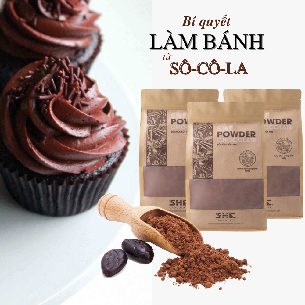 Bột Socola Nguyên Chất 0% Đường Túi 500g SHE Chocolat- Socola đen không đường. Nguyên liệu pha chế và làm bánh