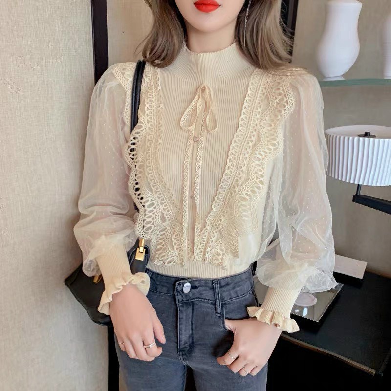 [ảnh thật-sẵn] Áo len tăm pha viền ren nơ pha tay voan hoa nổi | BigBuy360 - bigbuy360.vn