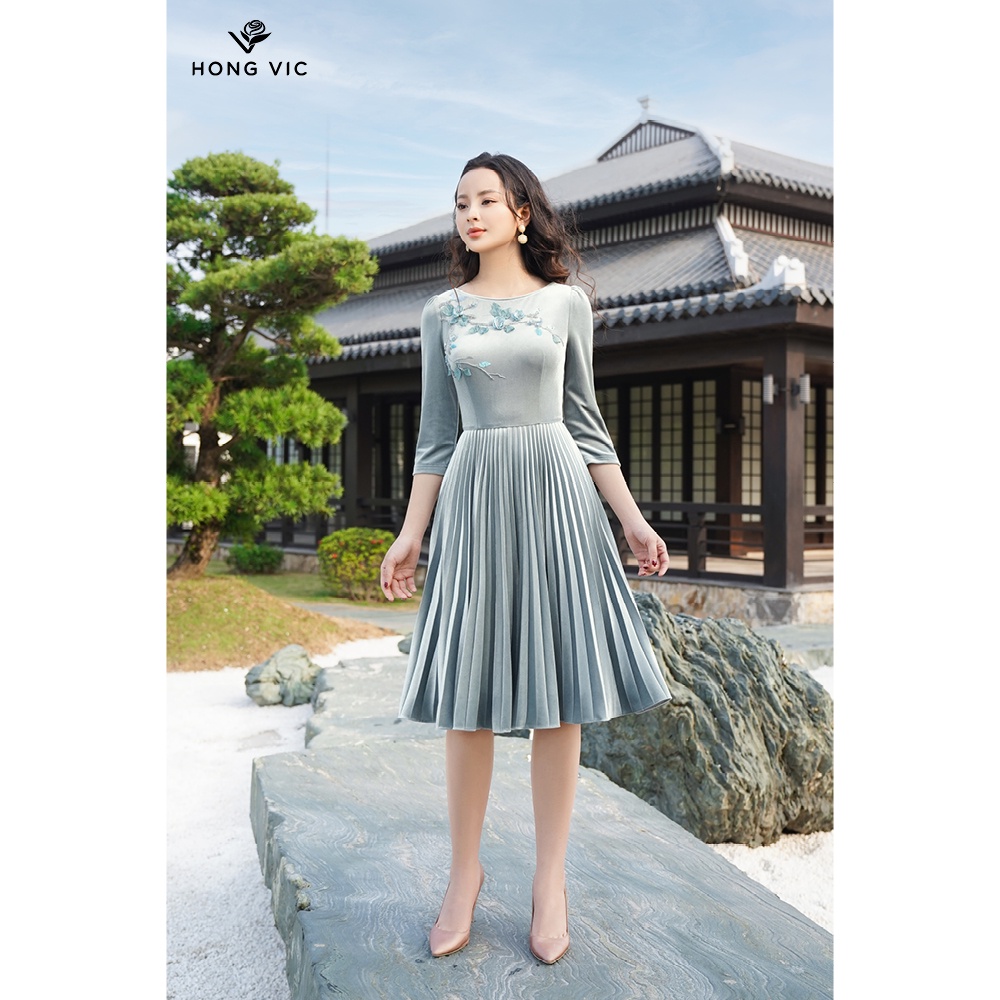Đầm nhung nữ thiết kế Hongvic xanh dập ly DL355