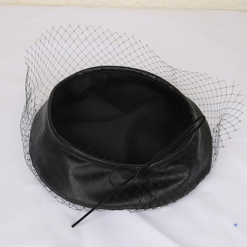 Nón beret da PU trơn màu phối lưới thời trang retro âu mỹ