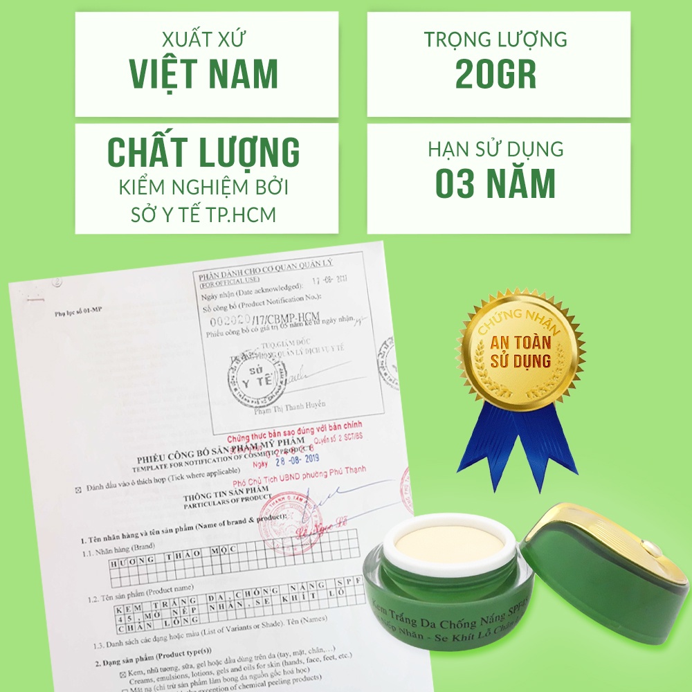 Kem dưỡng trắng da mặt, chống nắng spf 45, mờ nếp nhăn, se khít lỗ chân lông - Kem Hương Thảo Mộc 20g - Mỹ phẩm Mộc Lan