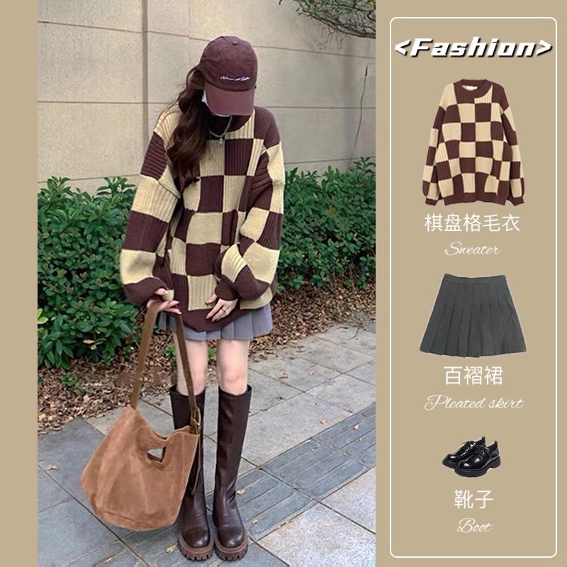 Áo Len Họa Tiết Kẻ Caro Form Siêu Rộng - Áo Sweater Nữ Dài Tay Hàng Quảng Châu Cao Cấp - A504