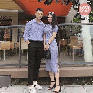 Đồ Đôi - ÁO ĐÔI - SET Áo sơ mi váy đôi Hàn Quốc sọc xanh E372 - LoviCouple - Có FeedBack
