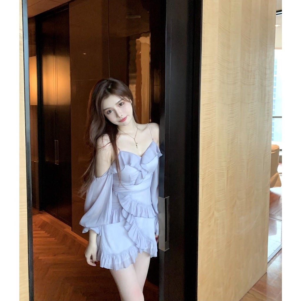 Đầm Hai Dây Nhún Bèo Dáng Ôm Thời Trang Mùa Xuân 2022 Dành Cho Nữ