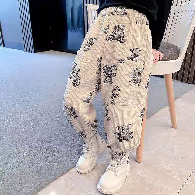 Quần dài nhung dày in họa tiết hoạt hình dễ thương phong cách Hàn Quốc cho bé