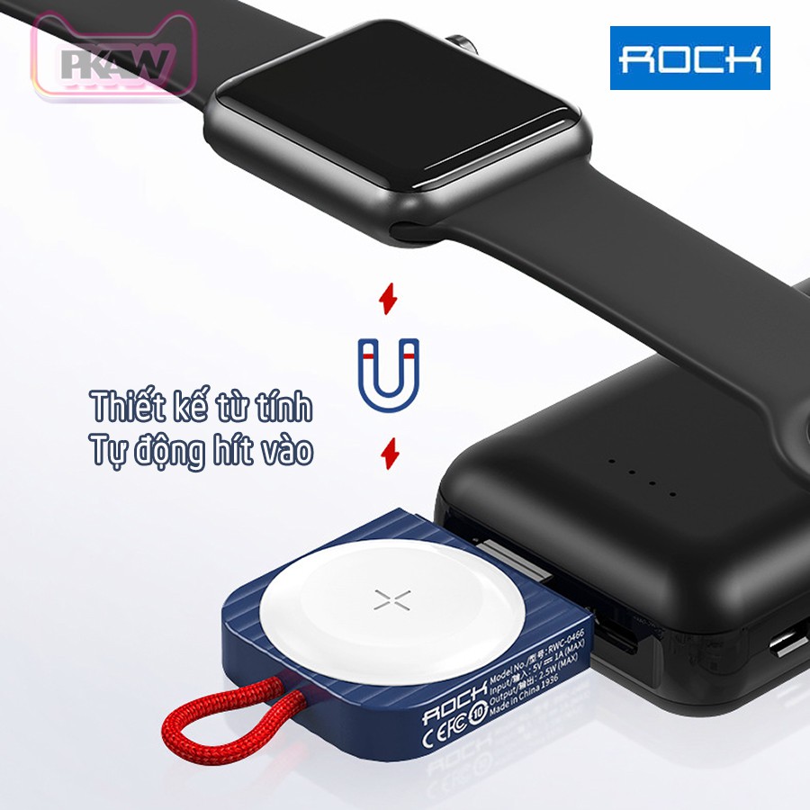 Đế Sạc Không Dây Rock W26 cho Apple Watch 38/40/42/44mm Series 1/2/3/4/5/6/Se - cổng USB-A - Trắng, Xanh.