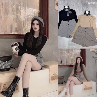 Set Áo len montoghi dài tay kèm Quần váy dạ kẻ✌️2 màu ảnh thật