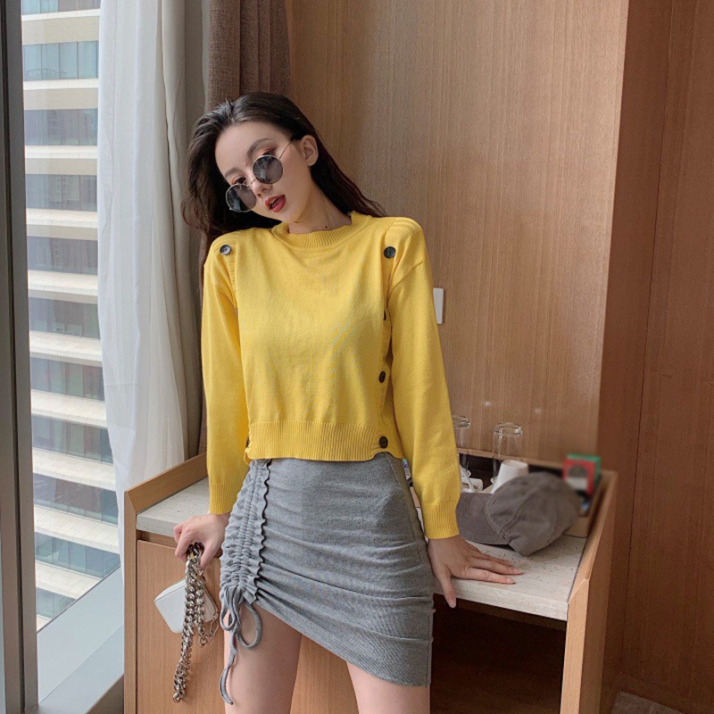 Women Long Sleeve Cute Solid Color Loose Round Collar Button Sweater | BigBuy360 - bigbuy360.vn