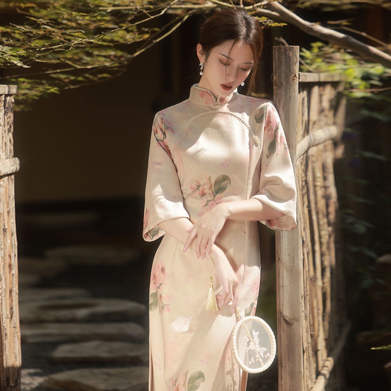 Sườn Xám Cách Tân Tay Dài Chất Da Lộn Thời Trang Thu Đông Mới 2021 Cho Nữ