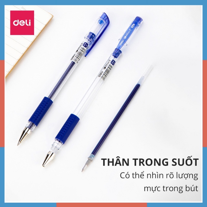 Bút bi nước mực gel 0.5mm có nắp đậy Deli màu xanh đen nhanh khô viết đều trơn tru lâu hết mực 6600