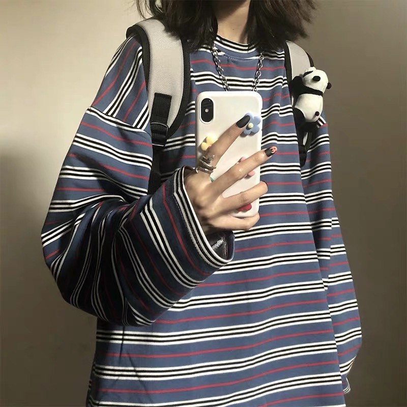 Áo pull dài tay kẻ ngang form rộng