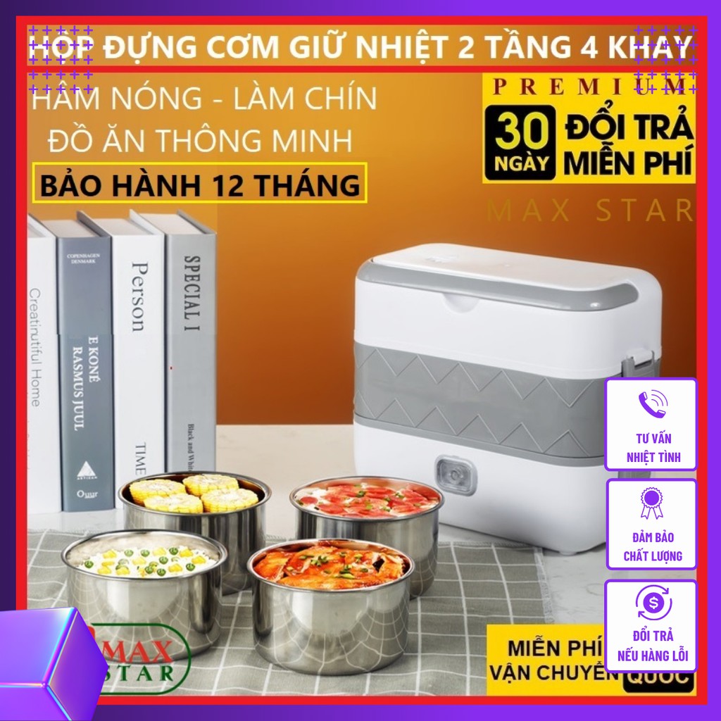 Hộp Cơm Cắm Điện Văn Phòng 2 Tầng 4 Bát Inox giữ nhiệt, hâm nóng và tự nấu chín thức ăn đa năng