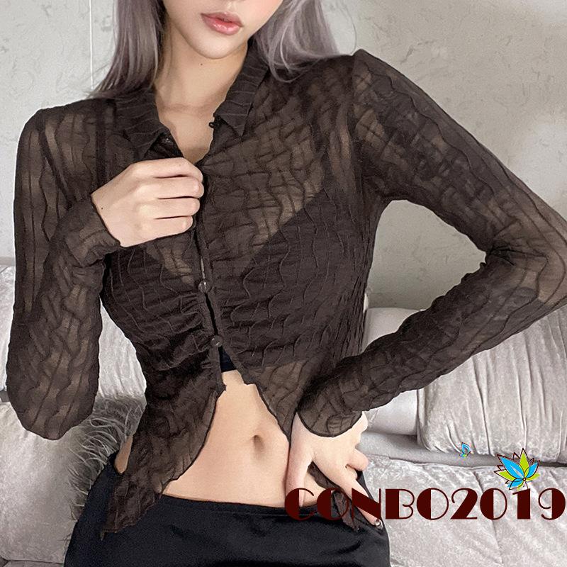 Áo Croptop Tay Dài Phối Nút Thiết Kế Đơn Giản Cho Nữ