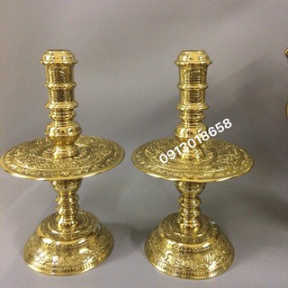 Chân nến chân đèn thờ bằng đồng hàng đúc thủ công chạm họa tiết tứ linh dày đẹp sắc nét nhất.