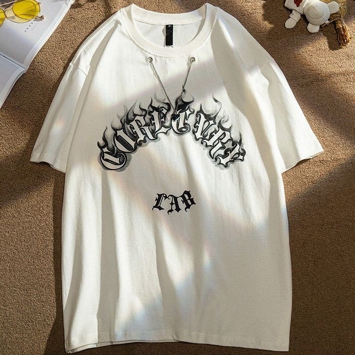 Áo Thun Tay Ngắn Dáng Rộng In Chữ Phối Dây Xích Phong Cách Hip Hop Âu Mỹ Cá Tính Cho Nam