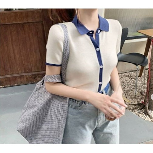 |Chérie Order| Áo len tăm tay viền màu ngắn cổ polo cúc dọc nhẹ nhàng nữ tính Hàn Quốc
