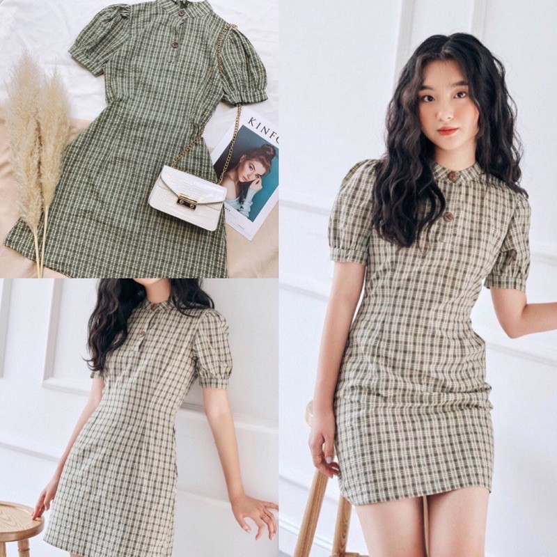 [Hàng Cao Cấp] Topi Dress - Đầm caro sọc xanh cổ đức