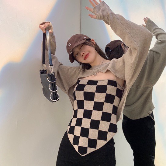 QADCOL Set áo hai dây và áo khoác len họa tiết ca rô thời trang dành cho nữ