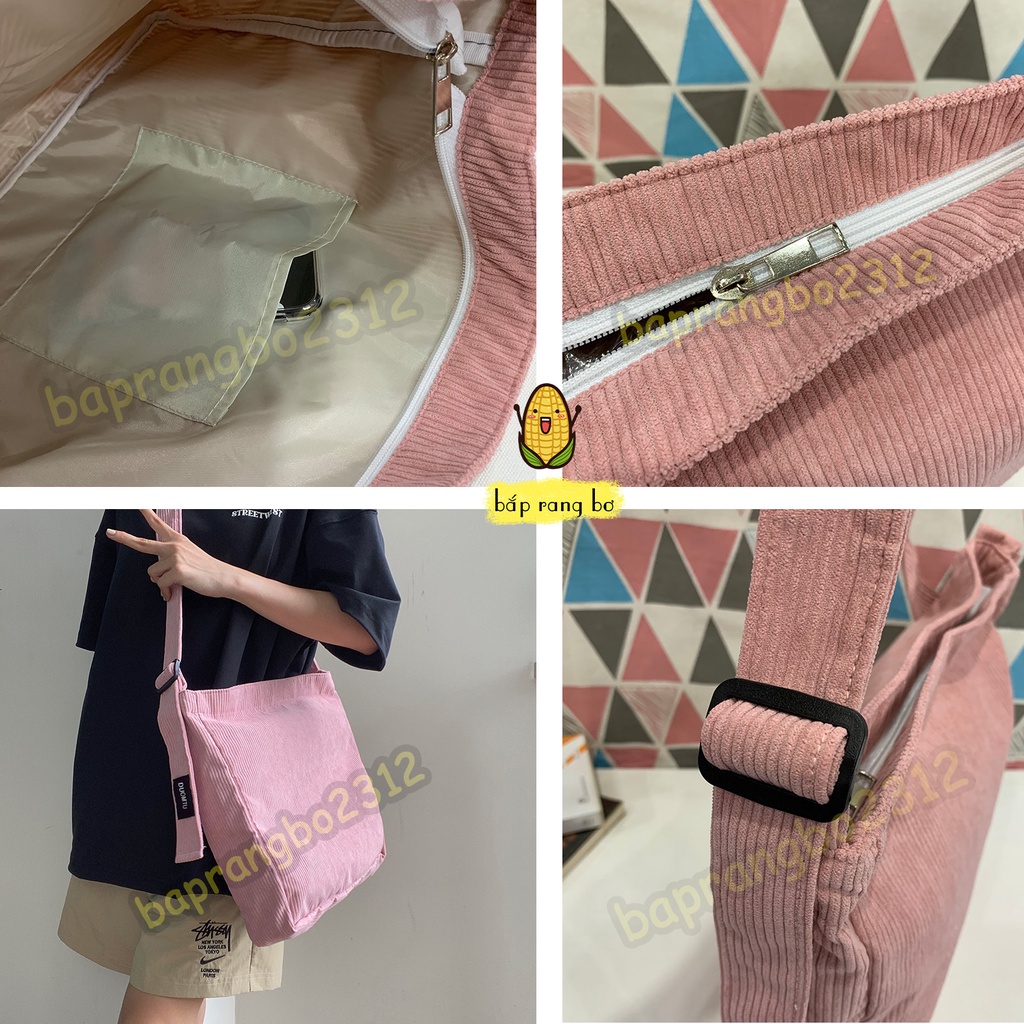 Túi đeo chéo Tote Vải Nhung Tăm Sọc Gân nam nữ unisex Đi Học đi chơi Đựng Sách A4, laptop 14inch Baprangbo2312 DC17