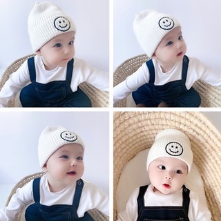 Mũ len trùm đầu thêu hình mặt cười dành cho bé