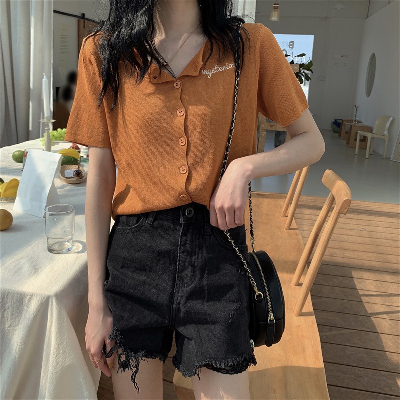 Áo dệt kim ZHELIHANGFEI tay ngắn cổ chữ V thêu chữ phong cách Hàn Quốc thời trang mùa hè cho nữ