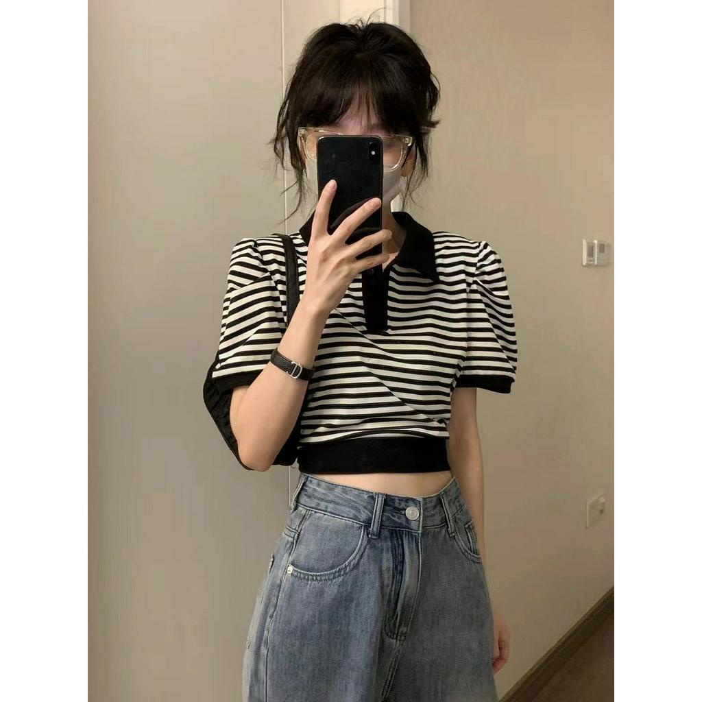 Ethelgirl Áo polo Ngắn Tay Họa Tiết Kẻ Sọc Thời Trang Hàn Quốc Dễ Phối Đồ Cho Nữ