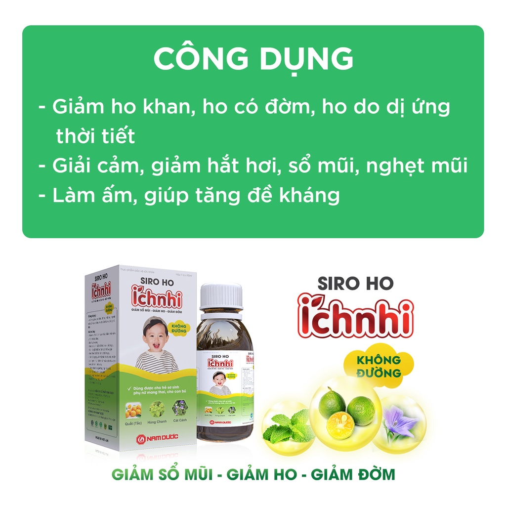 Siro ho cảm Ích Nhi chai 90ml không đường hỗ trợ giải cảm, giảm ho, sổ mũi, tiêu đờm, cho trẻ sơ sinh, trẻ nhỏ, bà bầu