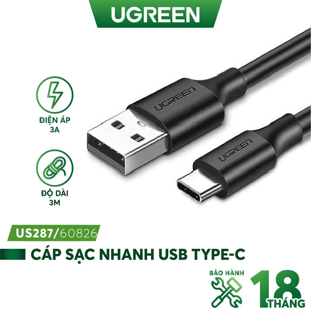 Cáp sạc nhanh UGREEN US287 USB 2.0 sang USB Type-C, điện áp 3A, độ dài từ 0.25m đ thumbnail