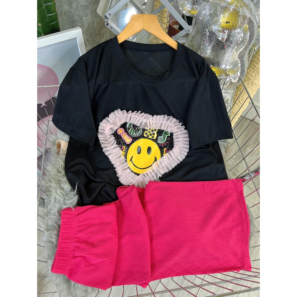 Đồ bộ nữ, set đồ bộ quần ống rộng thun gân borip và áo thun ngắn tay cotton form rộng freesize hình mặt cười phối ren
